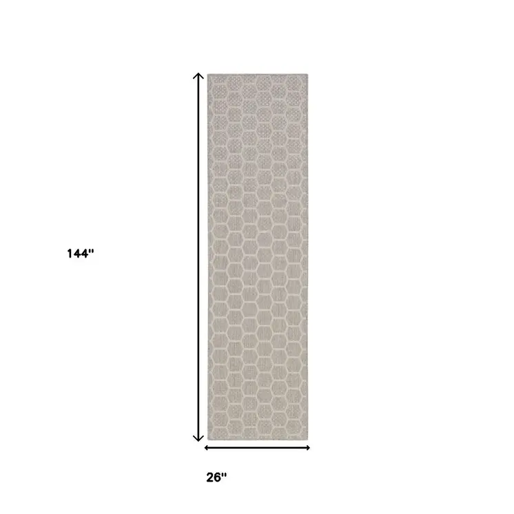 12' Gray And Ivory Geometric Indoor Outdoor Runner Rug
