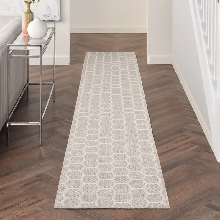 12' Gray And Ivory Geometric Indoor Outdoor Runner Rug