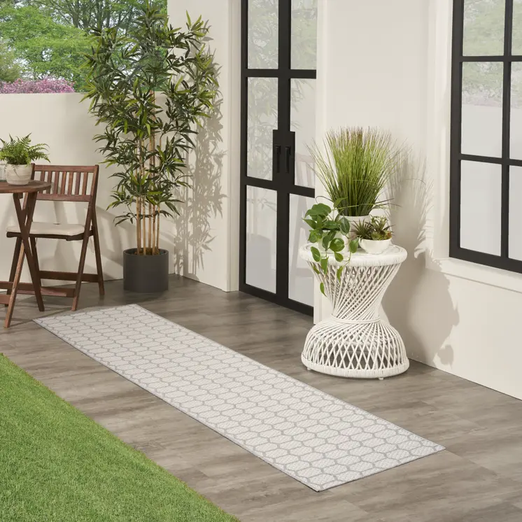12' Gray And Ivory Geometric Indoor Outdoor Runner Rug