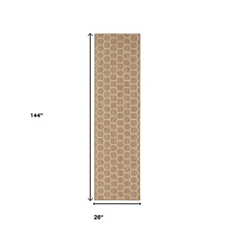 12' Natural And Beige Geometric Indoor Outdoor Runner Rug