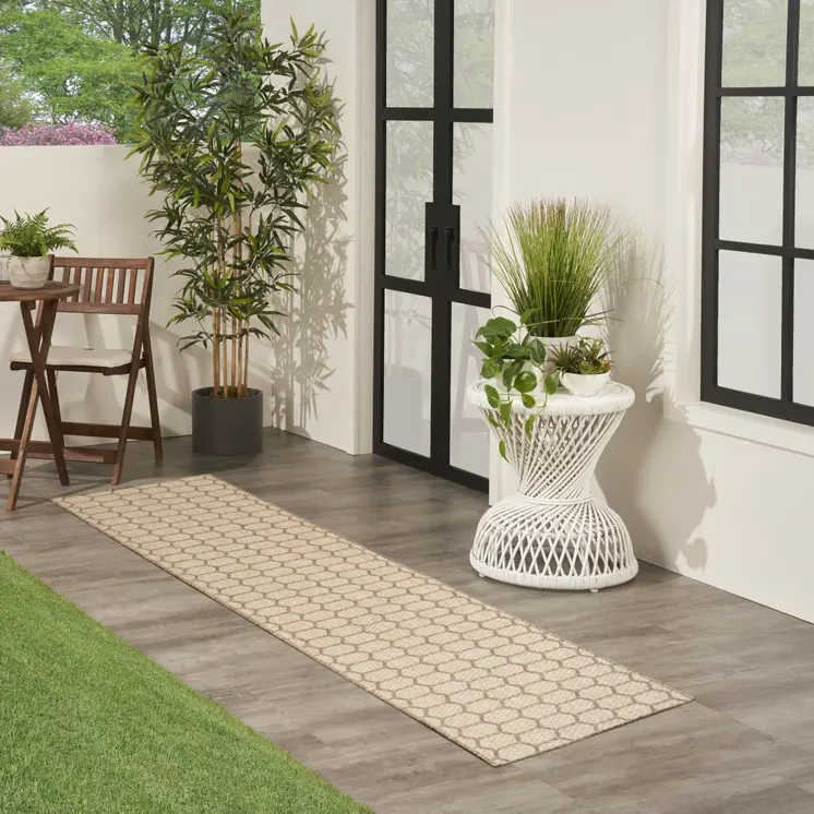 12' Natural And Beige Geometric Indoor Outdoor Runner Rug