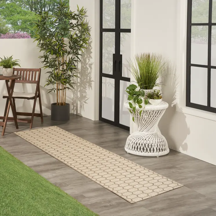 12' Natural And Beige Geometric Indoor Outdoor Runner Rug