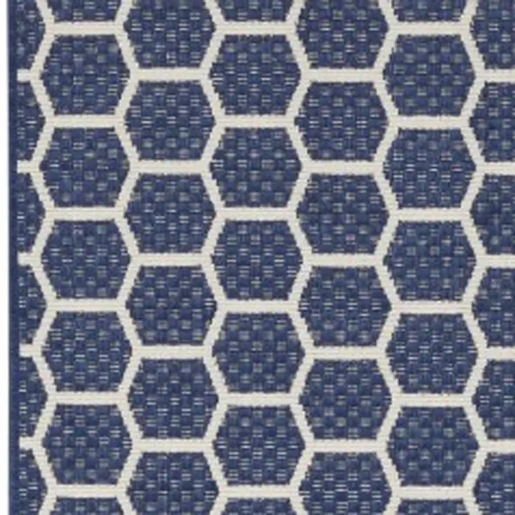 12' Navy Blue And Ivory Geometric Indoor Outdoor Runner Rug