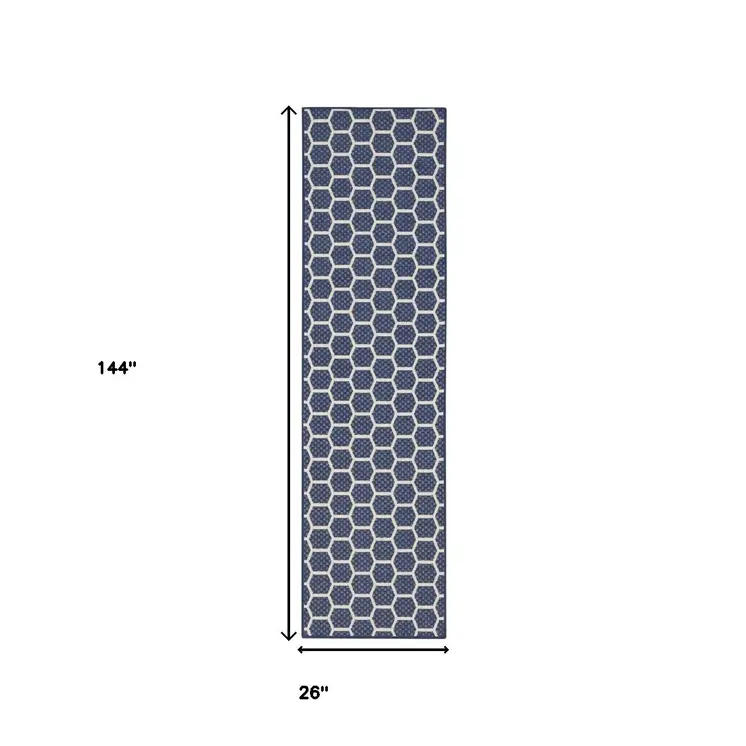 12' Navy Blue And Ivory Geometric Indoor Outdoor Runner Rug