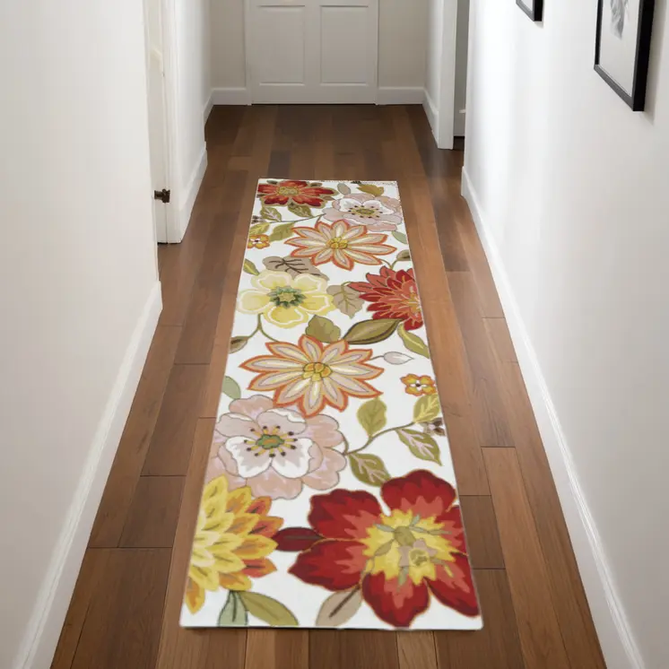 8' Ivory Red and Orange Botanical Leaves Runner Rug