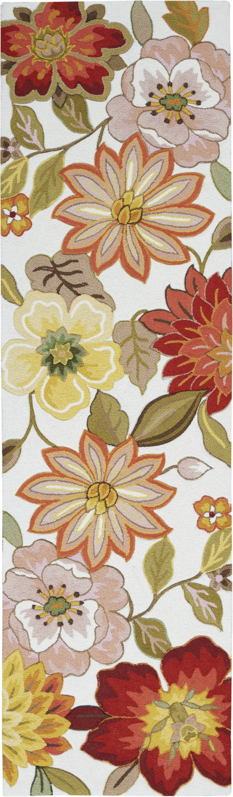 8' Ivory Red and Orange Botanical Leaves Runner Rug