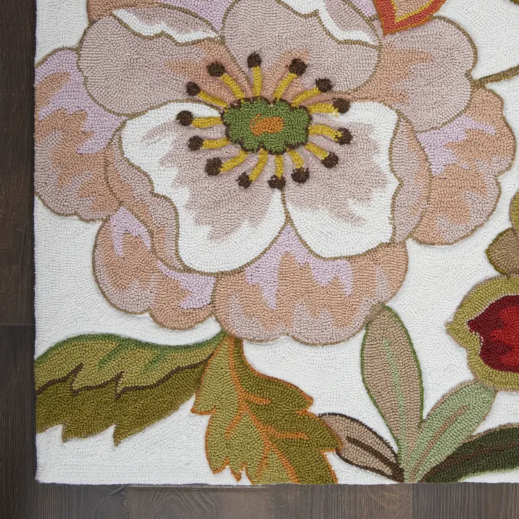 8' Ivory Red and Orange Botanical Leaves Runner Rug