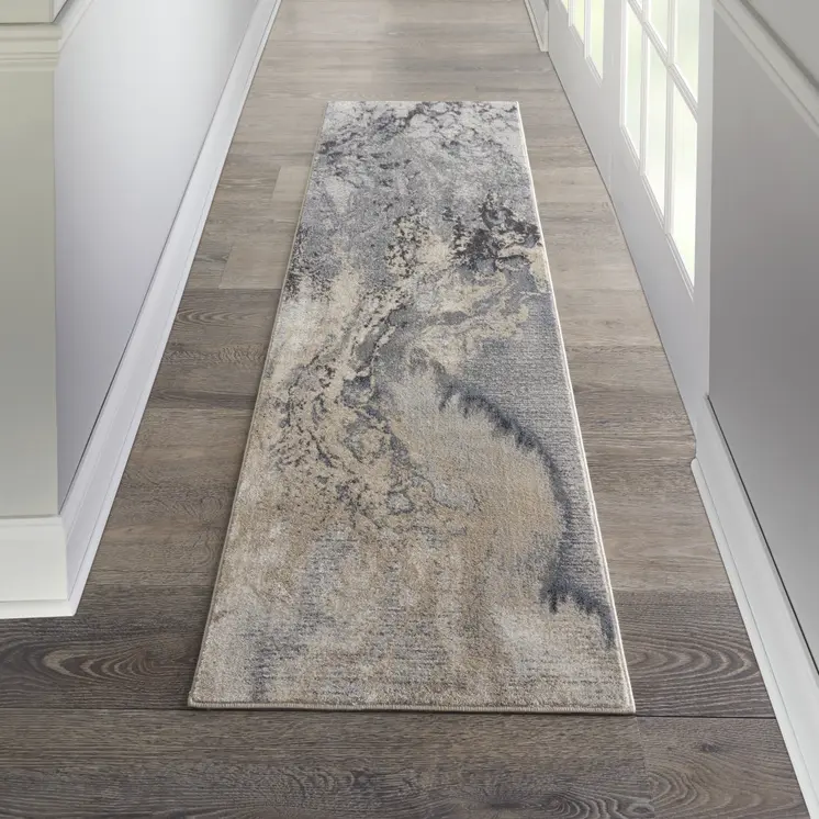 8' Gray Beige and Ivory Abstract Non Skid Runner Rug