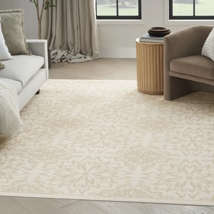 6' X 9' Beige and Ivory Floral Non Skid Area Rug