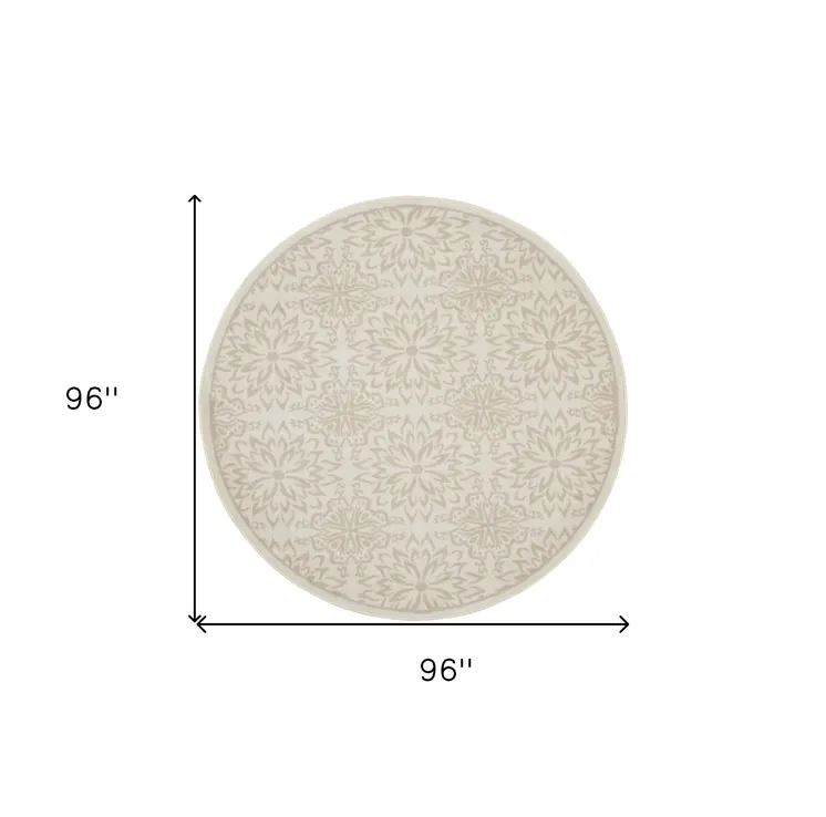 8' Beige and Ivory Floral Non Skid Round Rug