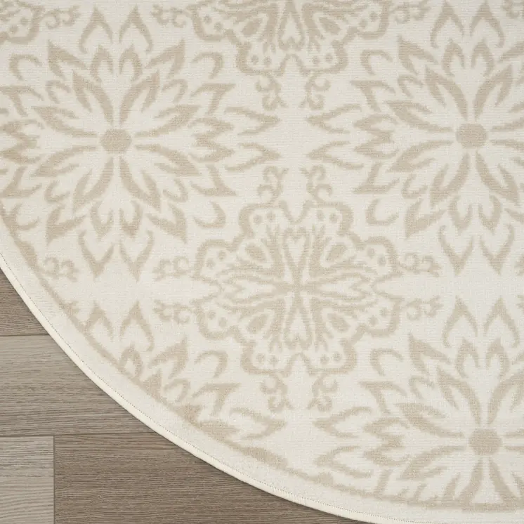 8' Beige and Ivory Floral Non Skid Round Rug