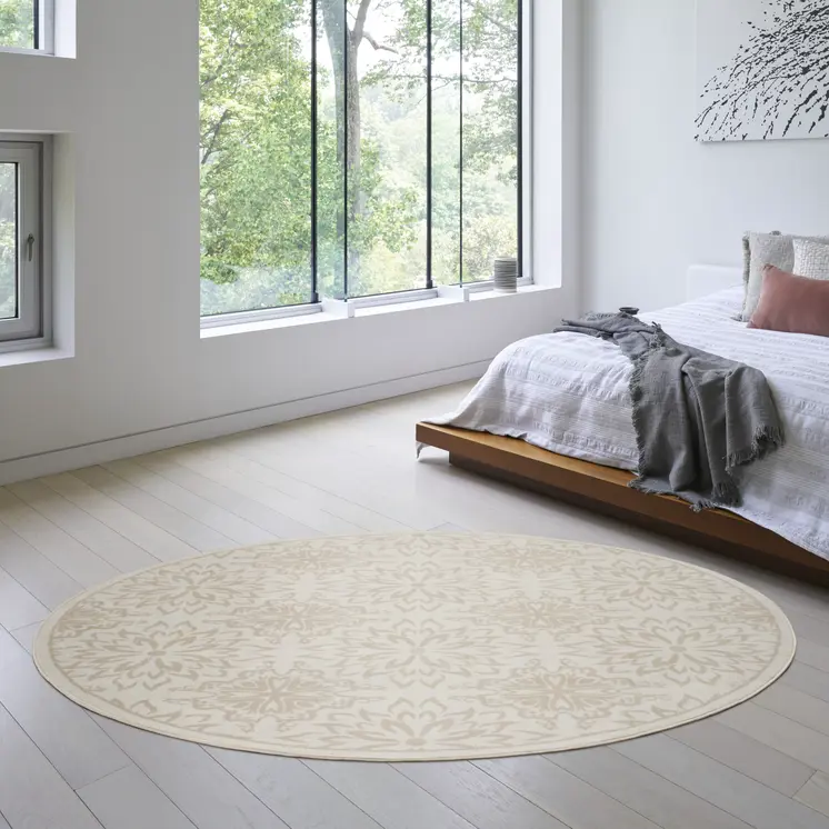 8' Beige and Ivory Floral Non Skid Round Rug