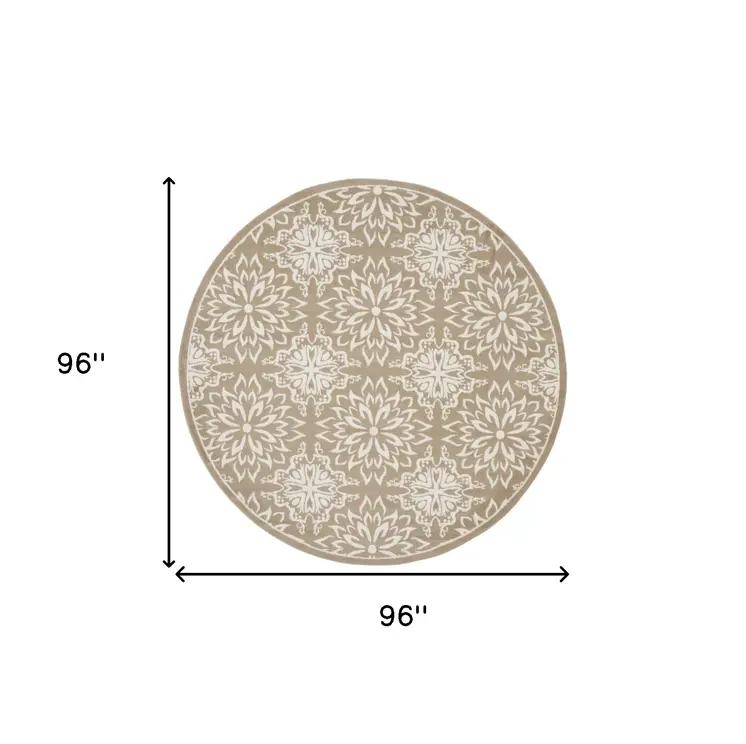8' Taupe and Ivory Floral Non Skid Round Rug