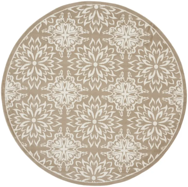 8' Taupe and Ivory Floral Non Skid Round Rug
