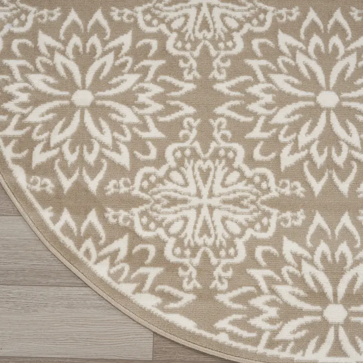 8' Taupe and Ivory Floral Non Skid Round Rug