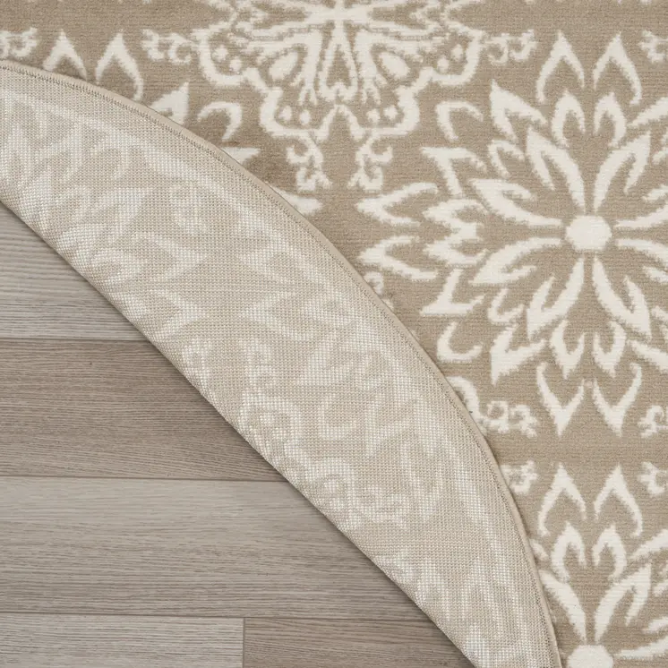 8' Taupe and Ivory Floral Non Skid Round Rug