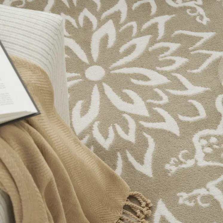 8' Taupe and Ivory Floral Non Skid Round Rug