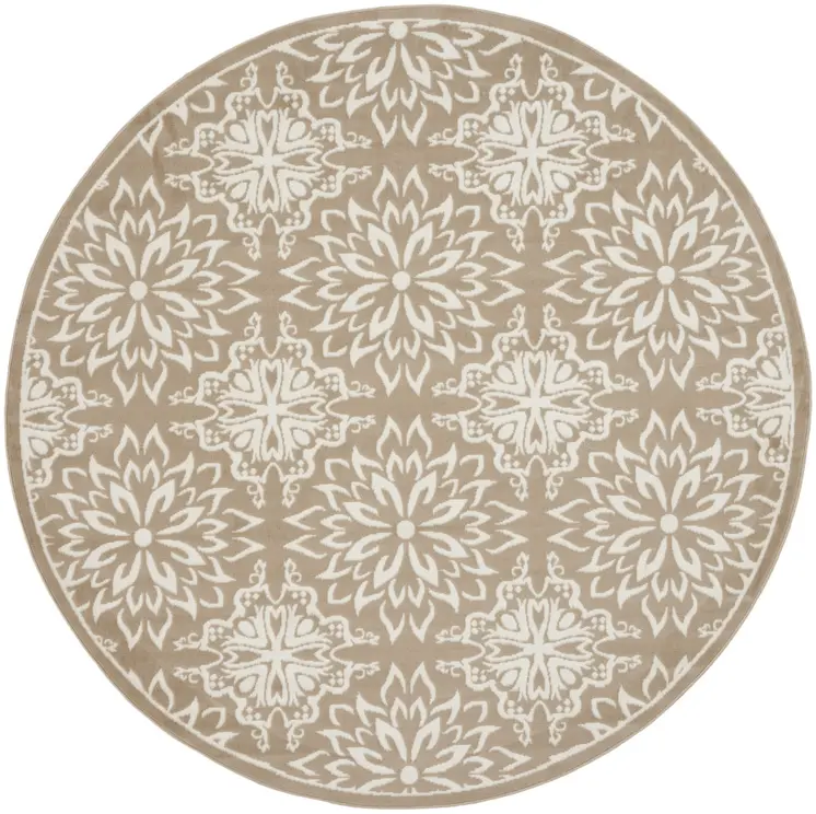 8' Taupe and Ivory Floral Non Skid Round Rug