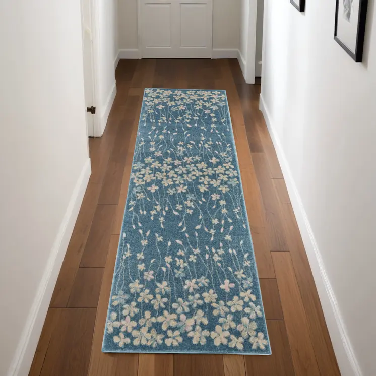 7' Turquoise and Cream Botanical Leaves Runner Rug