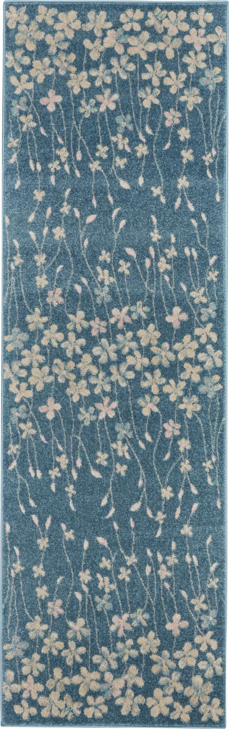 7' Turquoise and Cream Botanical Leaves Runner Rug