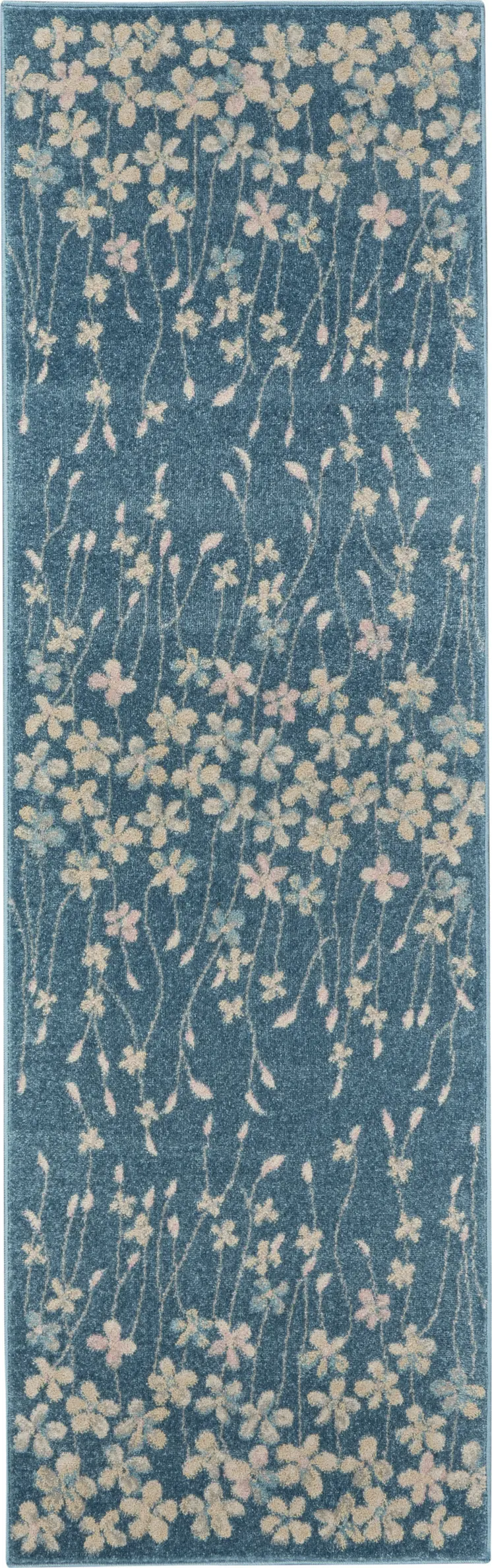 7' Turquoise and Cream Botanical Leaves Runner Rug
