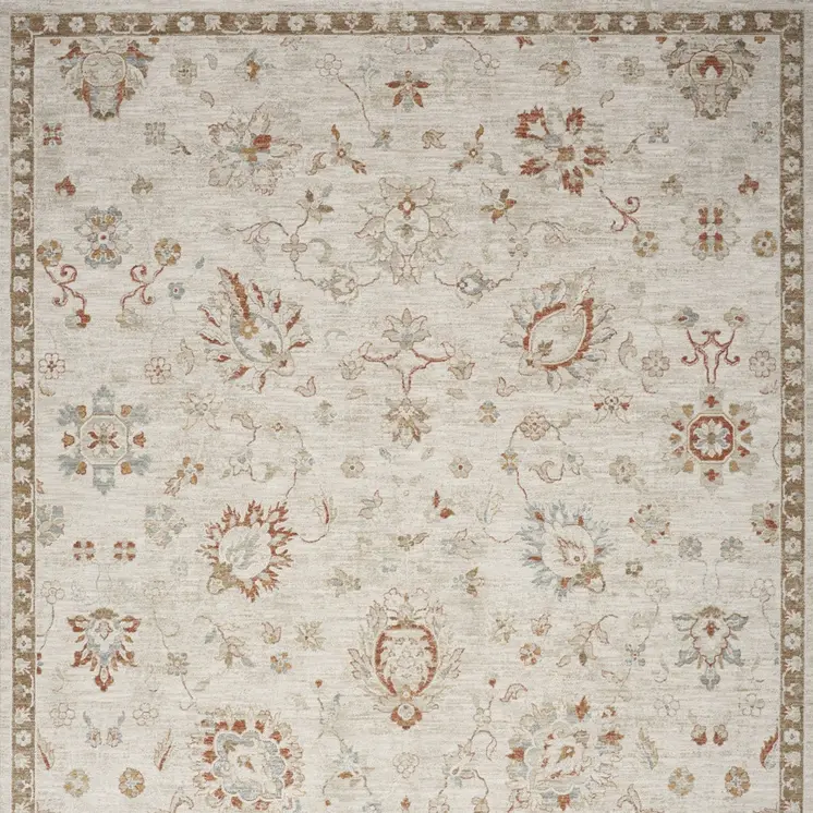 8' X 10' Cream Floral Power Loom Distressed Area Rug With Fringe