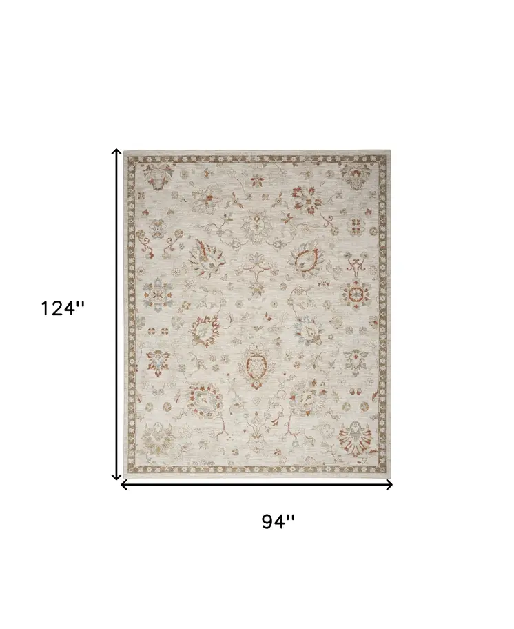 8' X 10' Cream Floral Power Loom Distressed Area Rug With Fringe