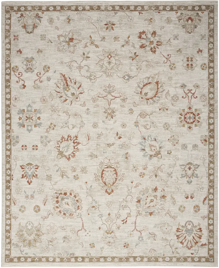 8' X 10' Cream Floral Power Loom Distressed Area Rug With Fringe