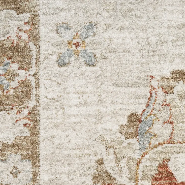 8' X 10' Cream Floral Power Loom Distressed Area Rug With Fringe