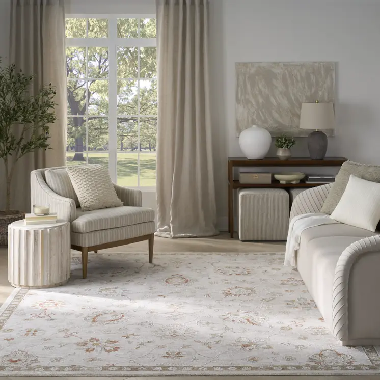 8' X 10' Cream Floral Power Loom Distressed Area Rug With Fringe