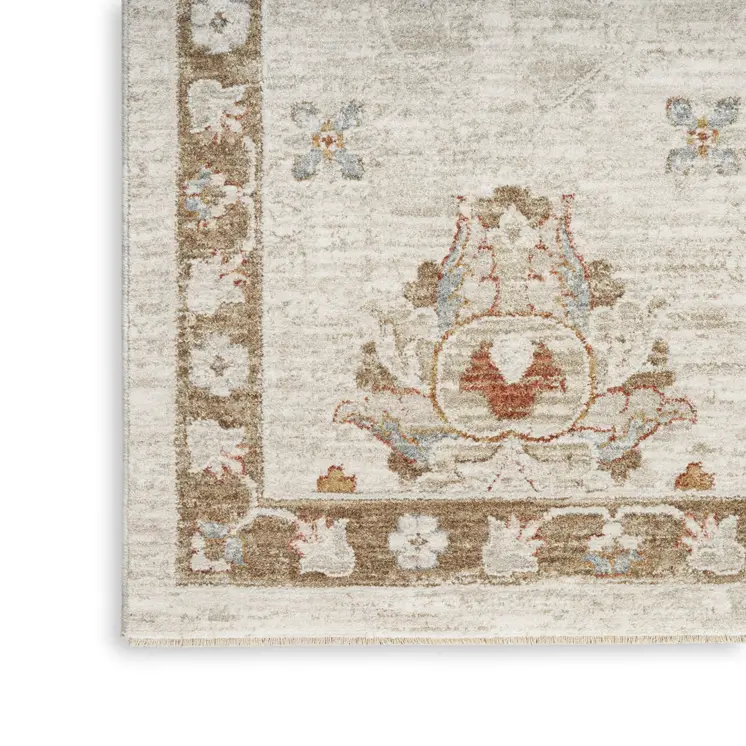 8' X 10' Cream Floral Power Loom Distressed Area Rug With Fringe