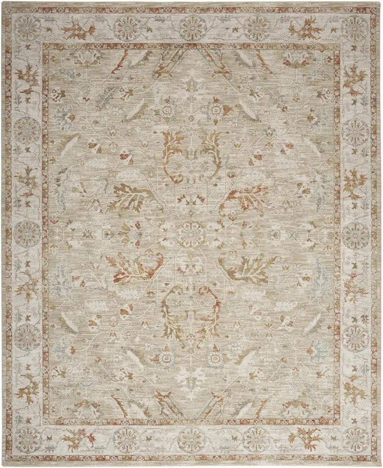 8' X 10' Green Floral Power Loom Distressed Area Rug With Fringe