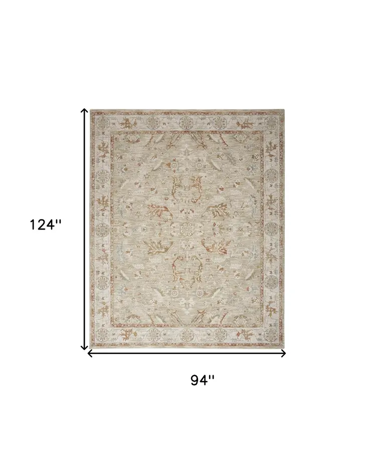 8' X 10' Green Floral Power Loom Distressed Area Rug With Fringe