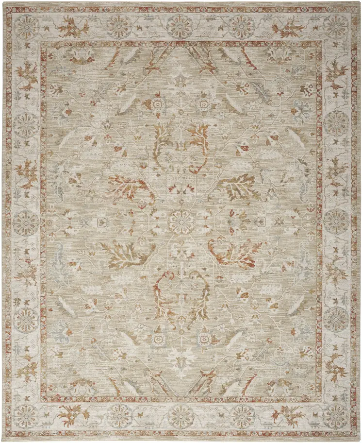 8' X 10' Green Floral Power Loom Distressed Area Rug With Fringe