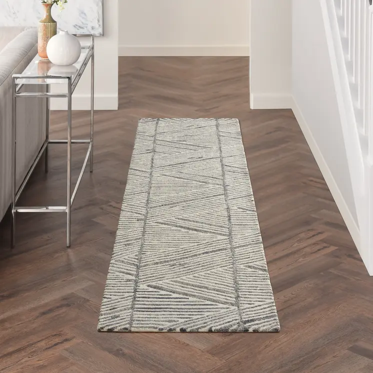8' Gray and White Wool Abstract Runner Rug