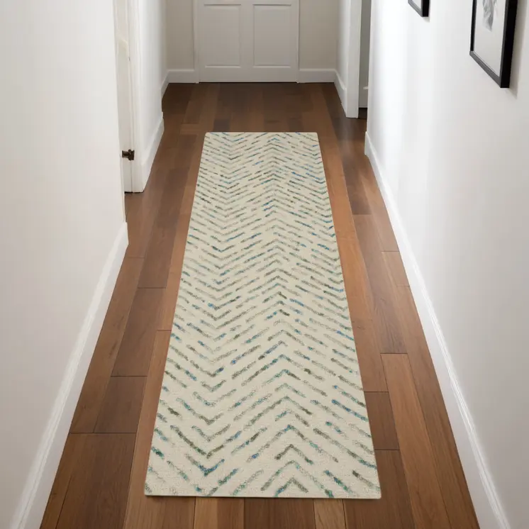 8' Ivory Blue and Green Wool Abstract Runner Rug