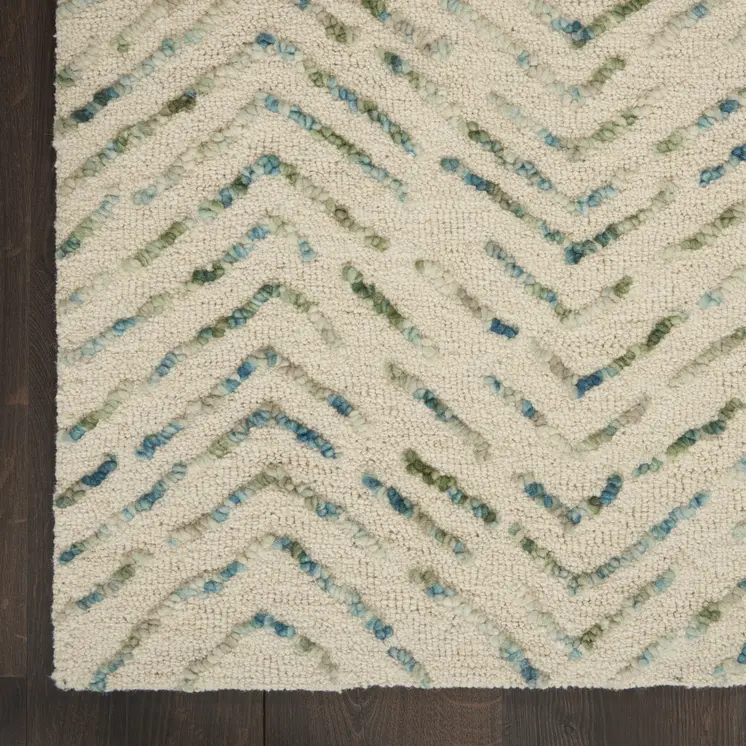 8' Ivory Blue and Green Wool Abstract Runner Rug