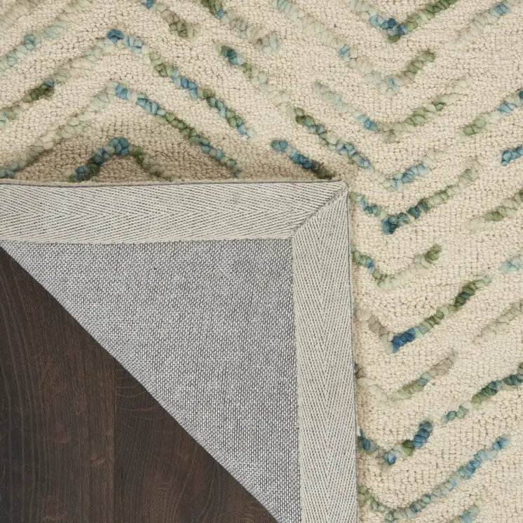 8' Ivory Blue and Green Wool Abstract Runner Rug
