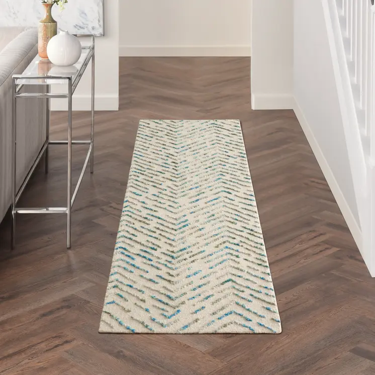8' Ivory Blue and Green Wool Abstract Runner Rug