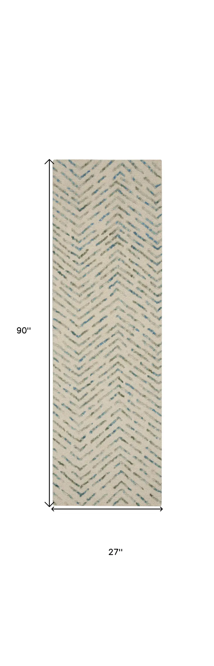 8' Ivory Blue and Green Wool Abstract Runner Rug
