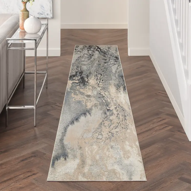 12' Gray Beige and Ivory Abstract Non Skid Runner Rug