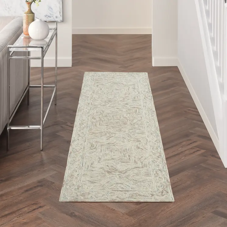 8' Blue and Ivory Wool Geometric Runner Rug