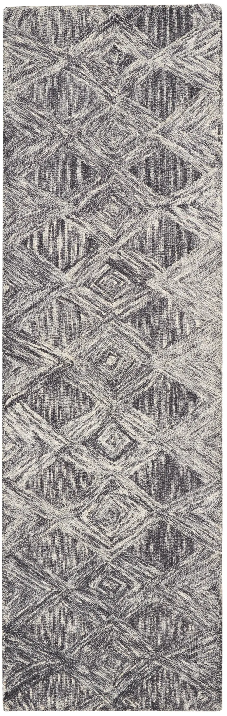 8' Charcoal and Ivory Wool Geometric Runner Rug