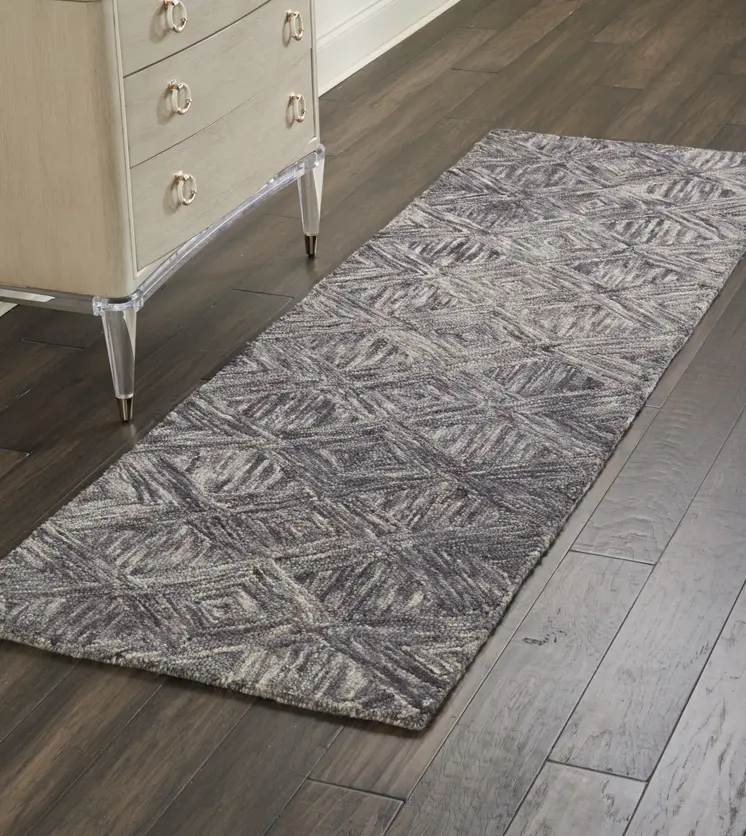 8' Charcoal and Ivory Wool Geometric Runner Rug