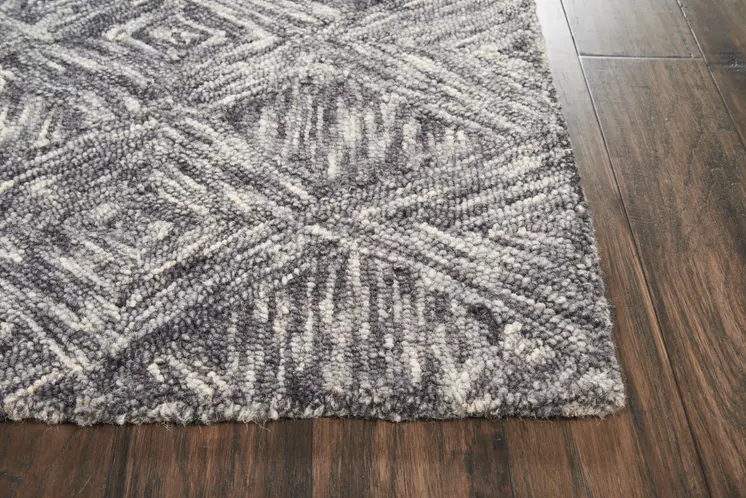 8' Charcoal and Ivory Wool Geometric Runner Rug