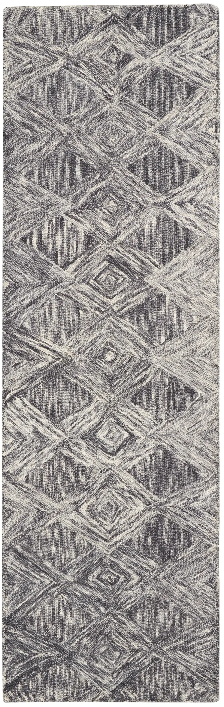 8' Charcoal and Ivory Wool Geometric Runner Rug