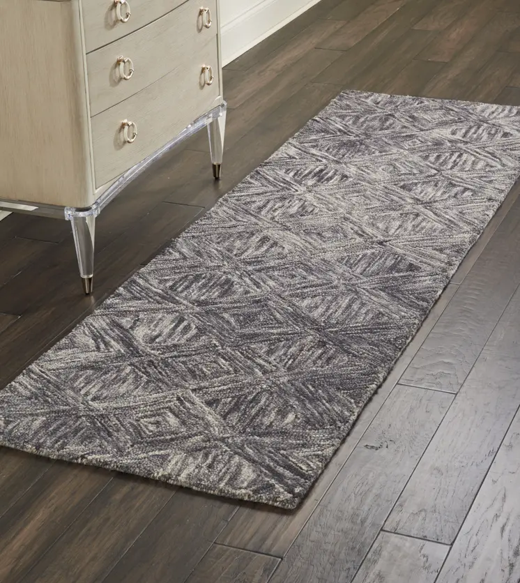 8' Charcoal and Ivory Wool Geometric Runner Rug