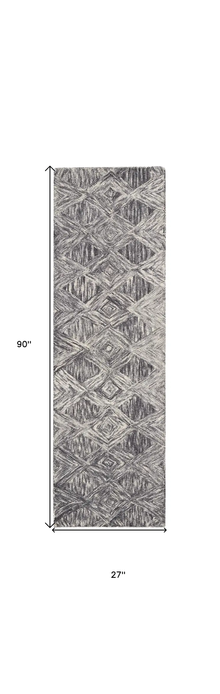 8' Charcoal and Ivory Wool Geometric Runner Rug