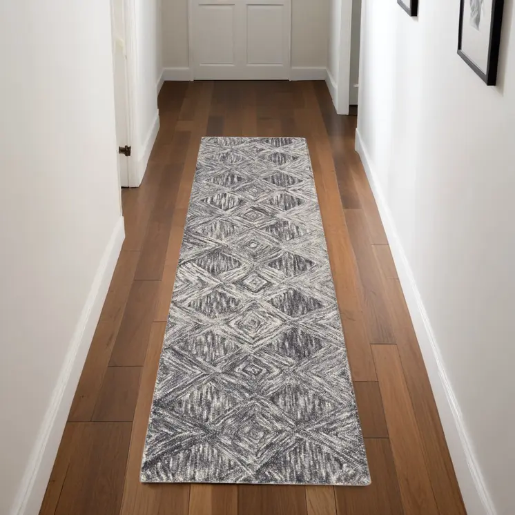 8' Charcoal and Ivory Wool Geometric Runner Rug