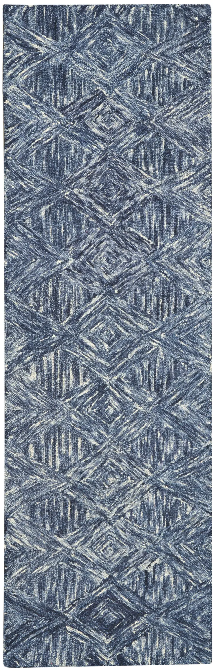 8' Denim Blue and Ivory Wool Geometric Runner Rug